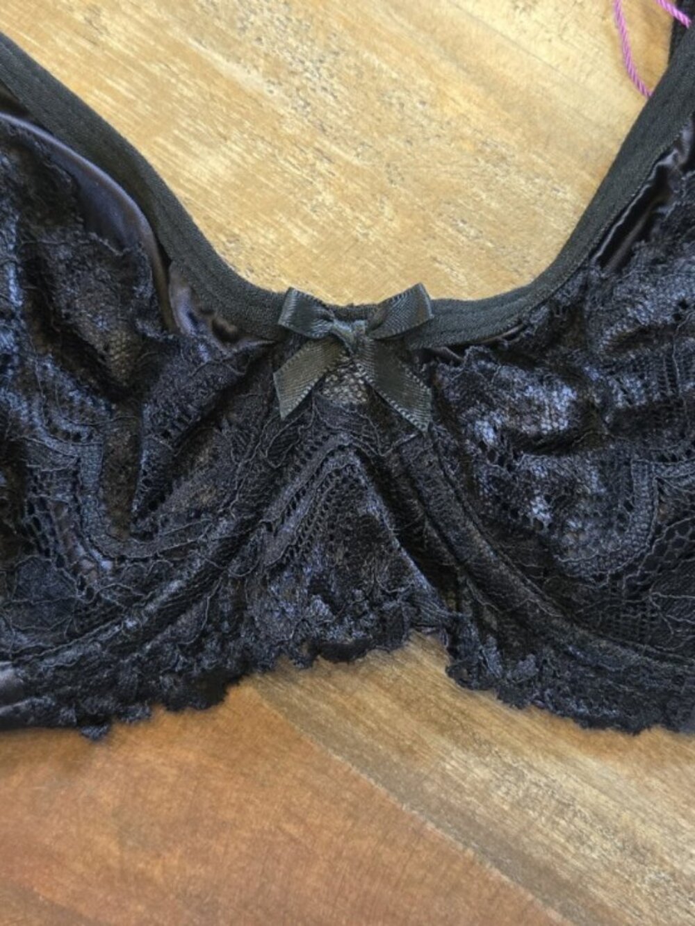 Black Satin Lace Unlined Underwire Bra Small Petite 26.5” Band NWT A B C - Picture 3 of 7